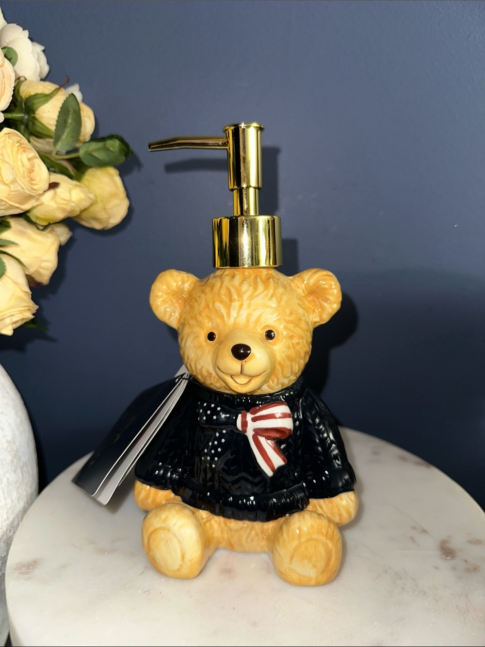 Patriotic Teddy Bear Ceramic Soap Dispenser - Sweater